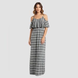 Striped Cold Shoulder Maxi Dress - Gray